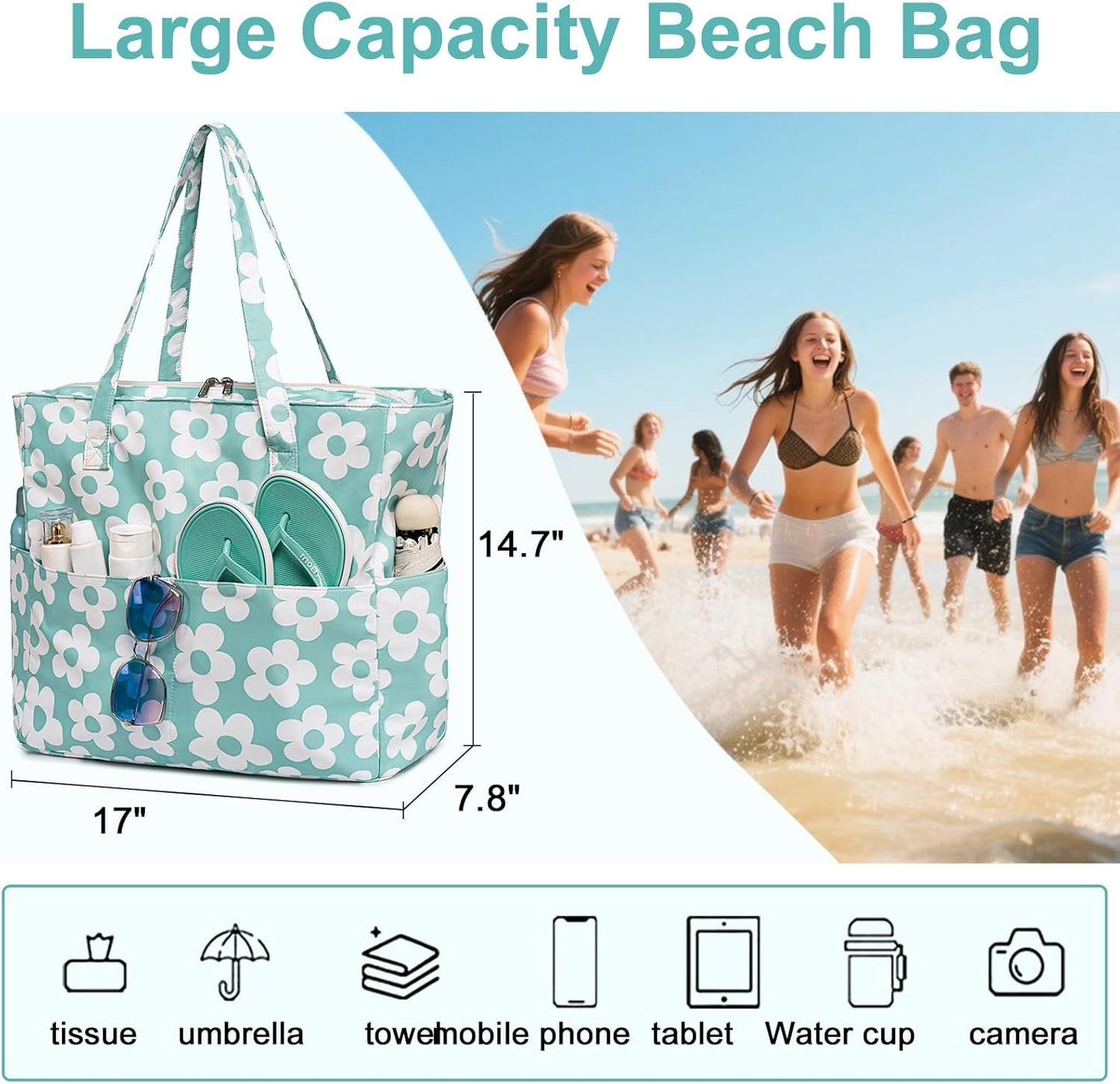 LEDAOU Large Beach Tote Bag Women Waterproof Sandproof Zipper Beach Tote Bag for Pool Gym Grocery Travel with Wet Pocket