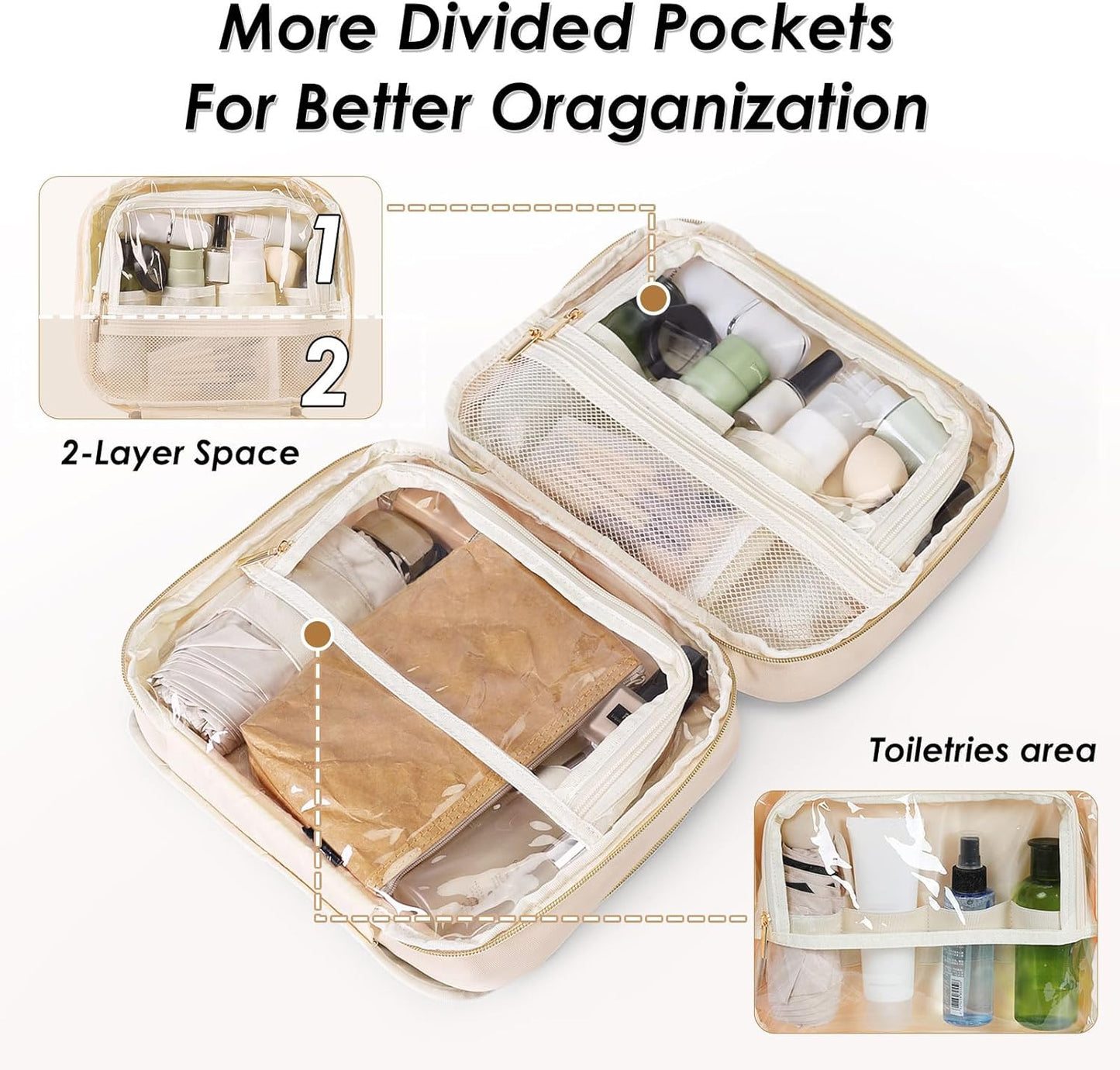 Travel Toiletry Makeup Bag for Women Hanging Toiletry Bag Cosmetic Organizer Make up Bags for Women Travel Makeup Essentials, Beige