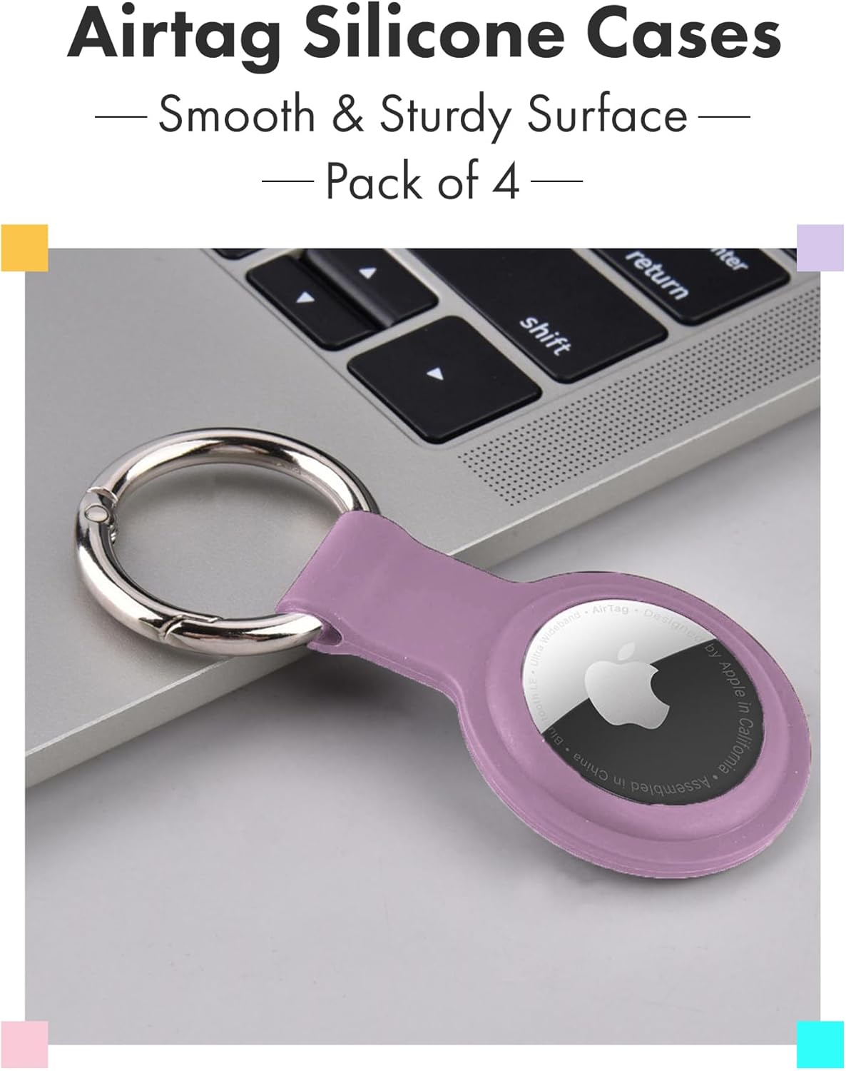 Apple AirTag Holders 4 Pack, Dustproof & Washable Cases, Silicon Covers with Accessories for Wallets, Luggage, Pet Collars, Key Finders (Teal - Purple - Yellow - Pink)