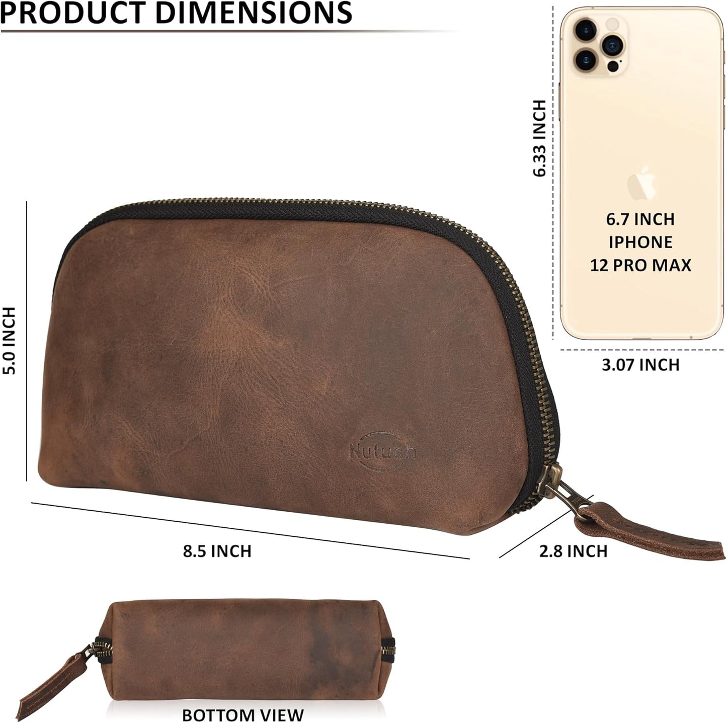 Leather Tech Pouch for Cables Chargers Phone | Tech Bag | Zipper Travel Accessory Pouch | Electronic Organizer Case Travel Bag (Vintage Dark Brown)