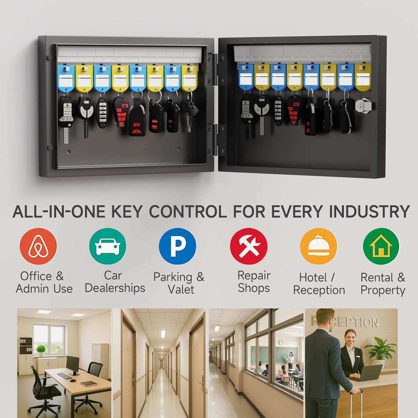 16-Key Cabinet Organizer, Key Lock Box Secured Key Holder for Valets, Hotels, Car & House Keys Black
