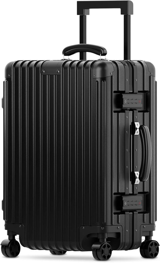 KARGO 20 Inch Carry-On Luggage - Polycarbonate Hard Shell Suitcase with Aluminum Corners, Smooth-Rolling Wheels, Leather Handle, Aluminum Frame Luggage, Zipperless TSA Lock (Black, 20 Inch Carry-On)