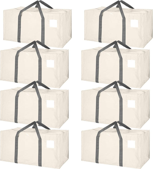 8 Pack Extra Large Moving Bags Heavy Duty Packing Bags with Extra Long Handles and Zippers Storage Totes for College Students Room Dorm Essentials Packing Supplies(Beige)