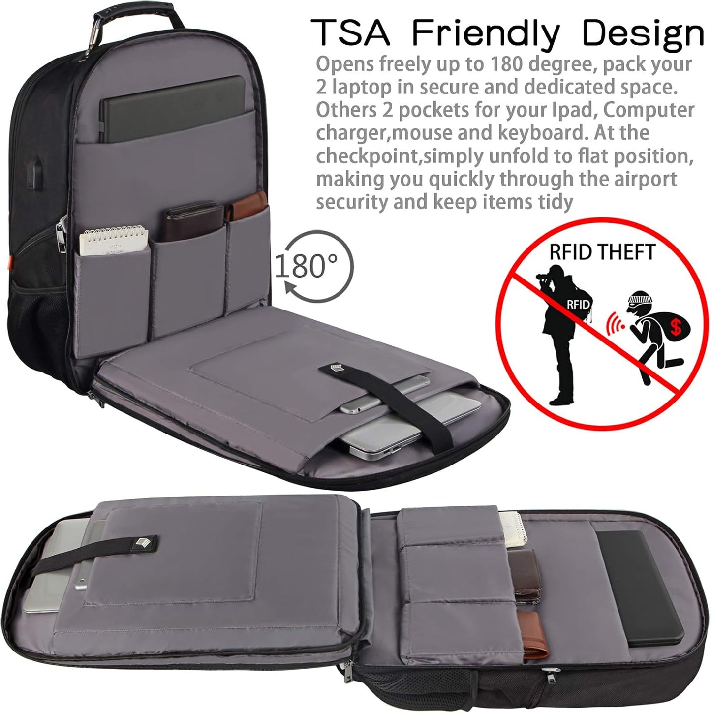 18.4 inch Gaming Laptop Backpacks with USB Charging Port, Big Capacity TSA Friendly RFID Anti Theft Pocket College Heavy Duty Computer Work bag for Men