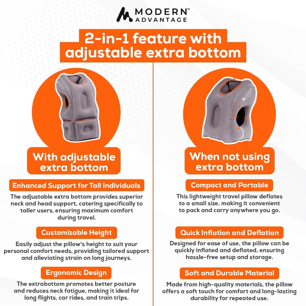 Modern Advantage Inflatable Travel Pillow for Airplanes with Adjustable Extra Bottom, Support Head & Chin to Avoid Neck & Shoulder Pain, for Travelling, Office Napping with Eye Mask & Earplug (Grey)