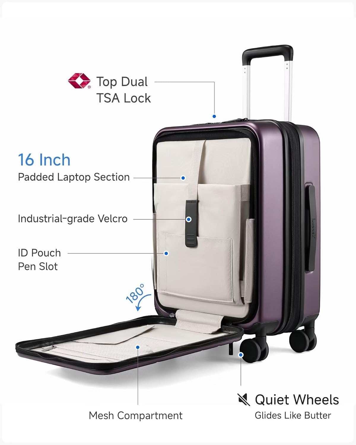 LUGGEX Carry On Luggage 22x14x9 Airline Approved, FLO5 Expandable Polycarbonate Suitcase with Front Pocket (FX-Core, Purple, 20 Inch)