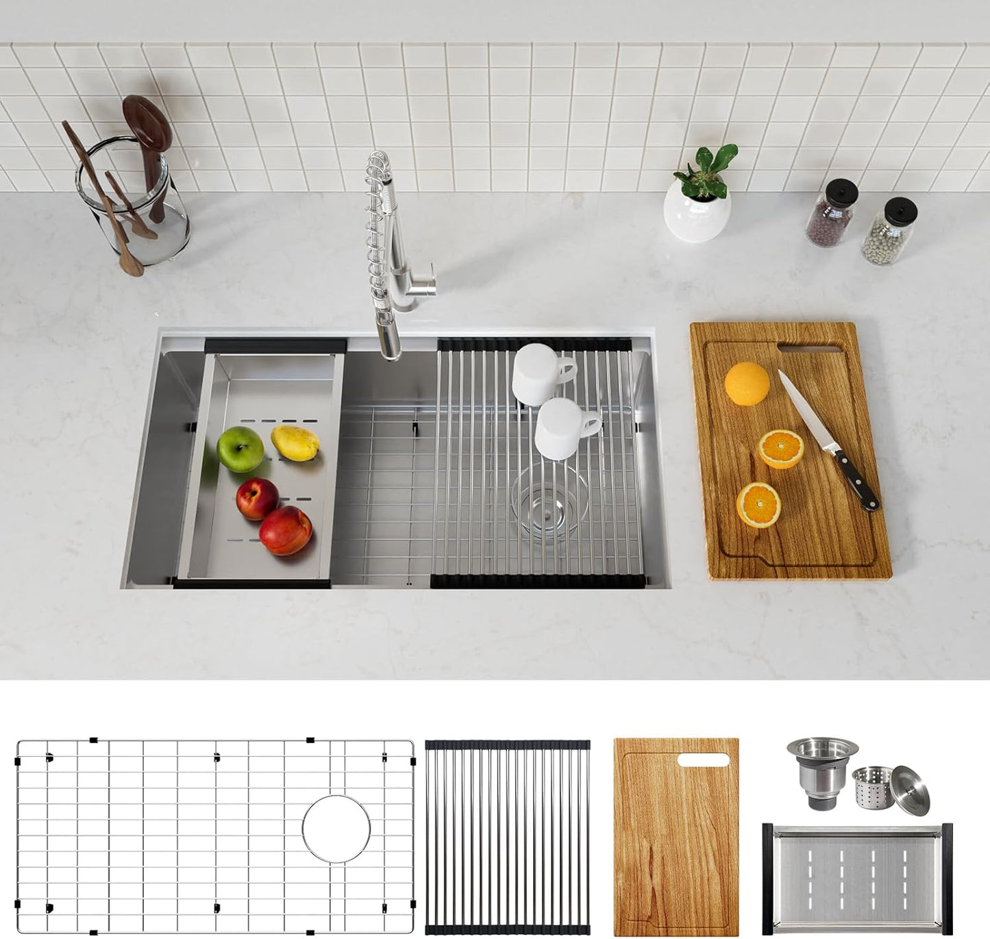 32 Inch Workstation Kitchen Sink, TECASA Undermount Deep Single Bowl, Stainless Steel with Integrated Ledge and Accessories, World-Class Manufacturing Standard (32" x 18" x 10")