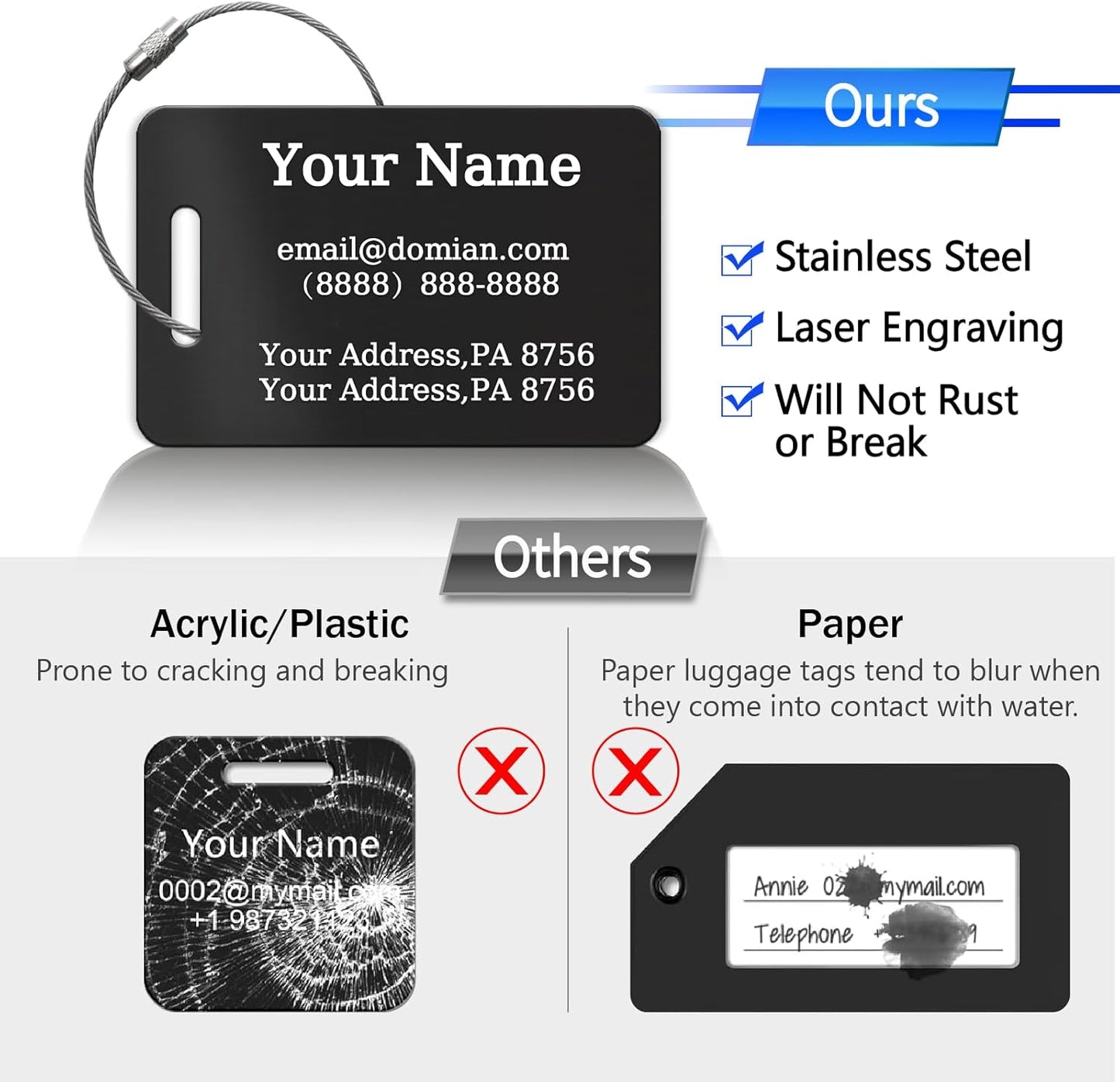 （2-Pack） Stainless Steel Custom Luggage Tags - Laser Engraved Personalized Travel Tags - Custom Name Identification Tags: for Suitcases, Backpacks, Bags and More (Gold)