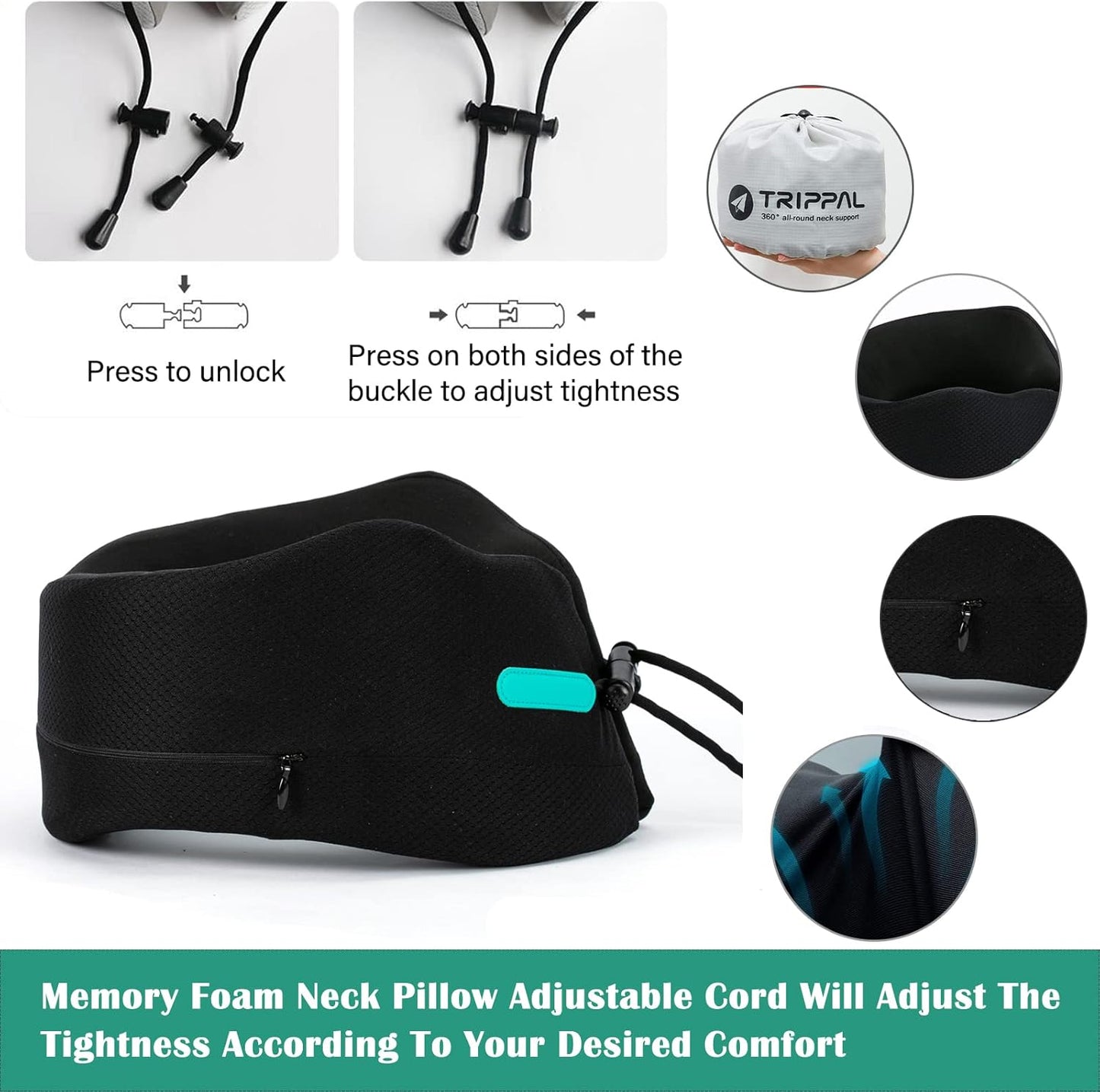 GOLDORANGE Large Travel Pillow Neck Chin Head Support Best Memory Foam Neck Pillows for Airplane Train Car Bus Home Office Sleeping Rest with Compact Carry Bag Black L