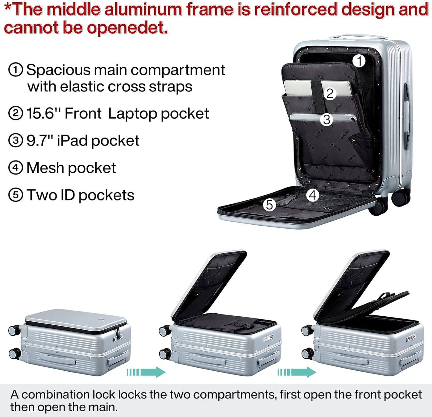 Hanke Grace Hard Shell Suitcases with Wheels,20 Inch Carry On Luggage Airline Approved with Aluminum Frame, Travel suitcase with Front Pocket Travel Luggage for Short Business Trips, Grey.
