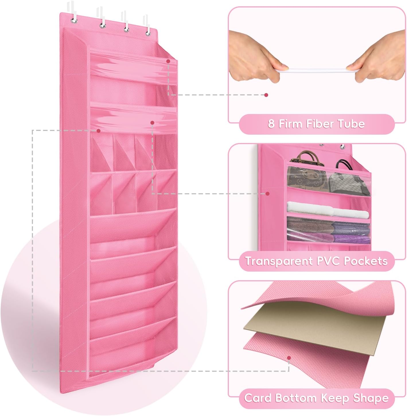 FENTEC 1 Pack 8 Shelves Over The Door Shoe Organizer,68" Exlarge Deep Pockets Hanging Shoe Organizers, Shoe Rack for Closet, Shoe Holder for Boots,Over Door Organizer in Home, RV, Dorm, Pink