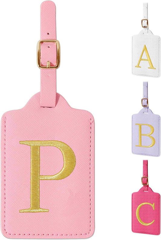 Personalized Initial Luggage Tags for Suitcase, Pink Leather Cute Luggage Tags with Privacy Cover Name Card, Embroidered Custom Monogrammed Luggage Tag Travel Bag Baggage Tags Gifts for Women Kids(P)