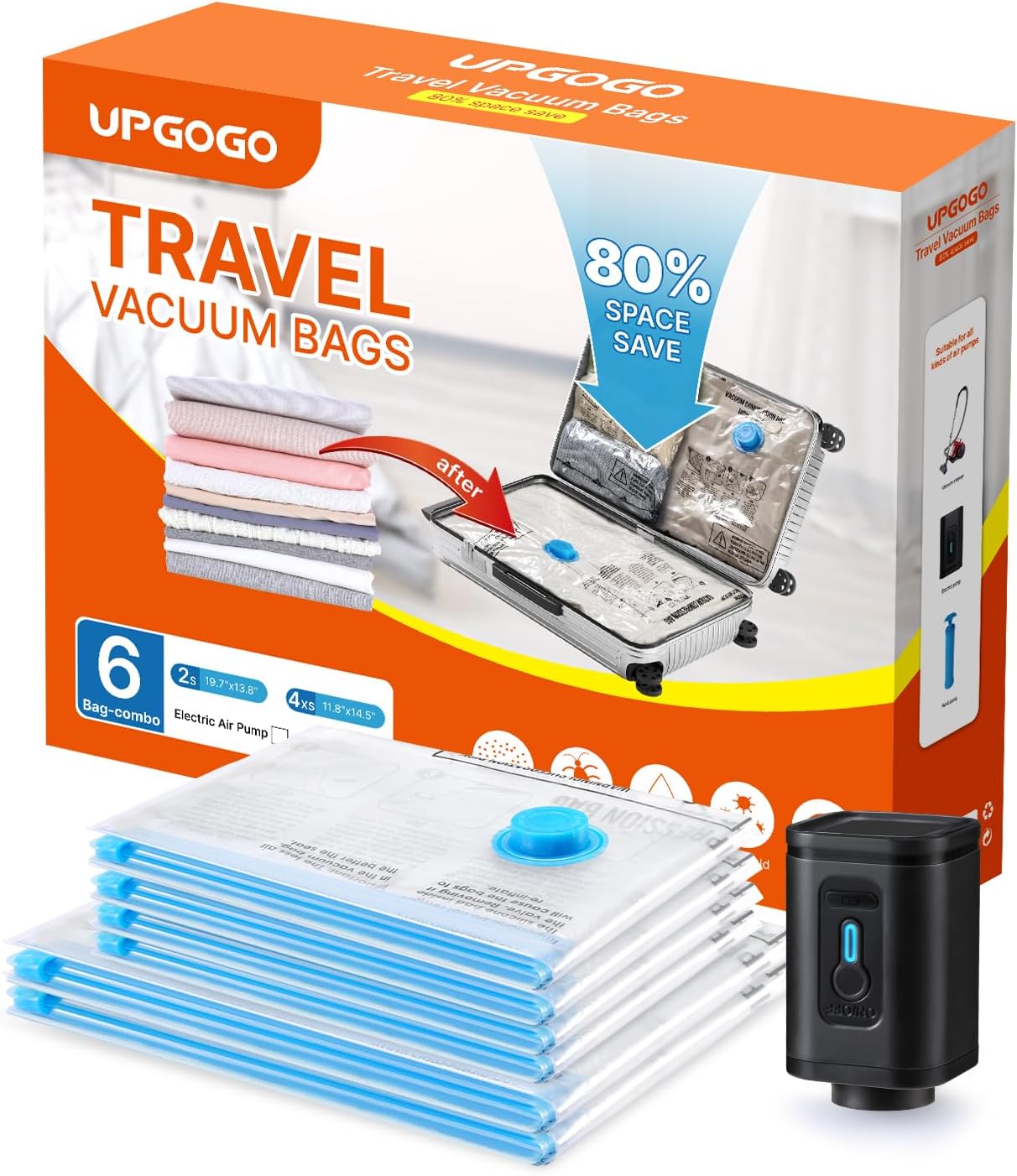 Travel Vacuum Bags Combo 6 Pack - Space Saver Vacuum Storage Bags for Clothing and Luggage