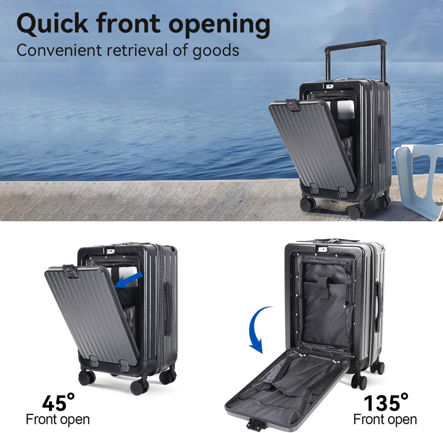 SOKOK Front Pocket Luggage with Spinner Wheels, 24'' Wide Handle Travel Suitcase PC Hardshell Multifunctional Luggage with Charging Port and Cup Holder, Graphite