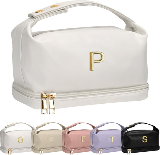 Girlfriend Gifts, Personalized Makeup Bag with Handle, Initial Double Layer Cosmetic Bag with Makeup Brush Organizer, PU Leather Travel Toiletry Bag Gifts for Women Her Friend Sister Mom Gift