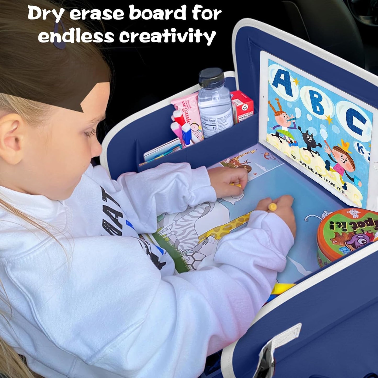 MENZOKE Car Seat Tray for Kids with Educational Drawing Board, Tablet Holder & Cooler Cup Holder, Essential for Car Travel & Airplane Trips, Space Pattern Design, Dark Blue