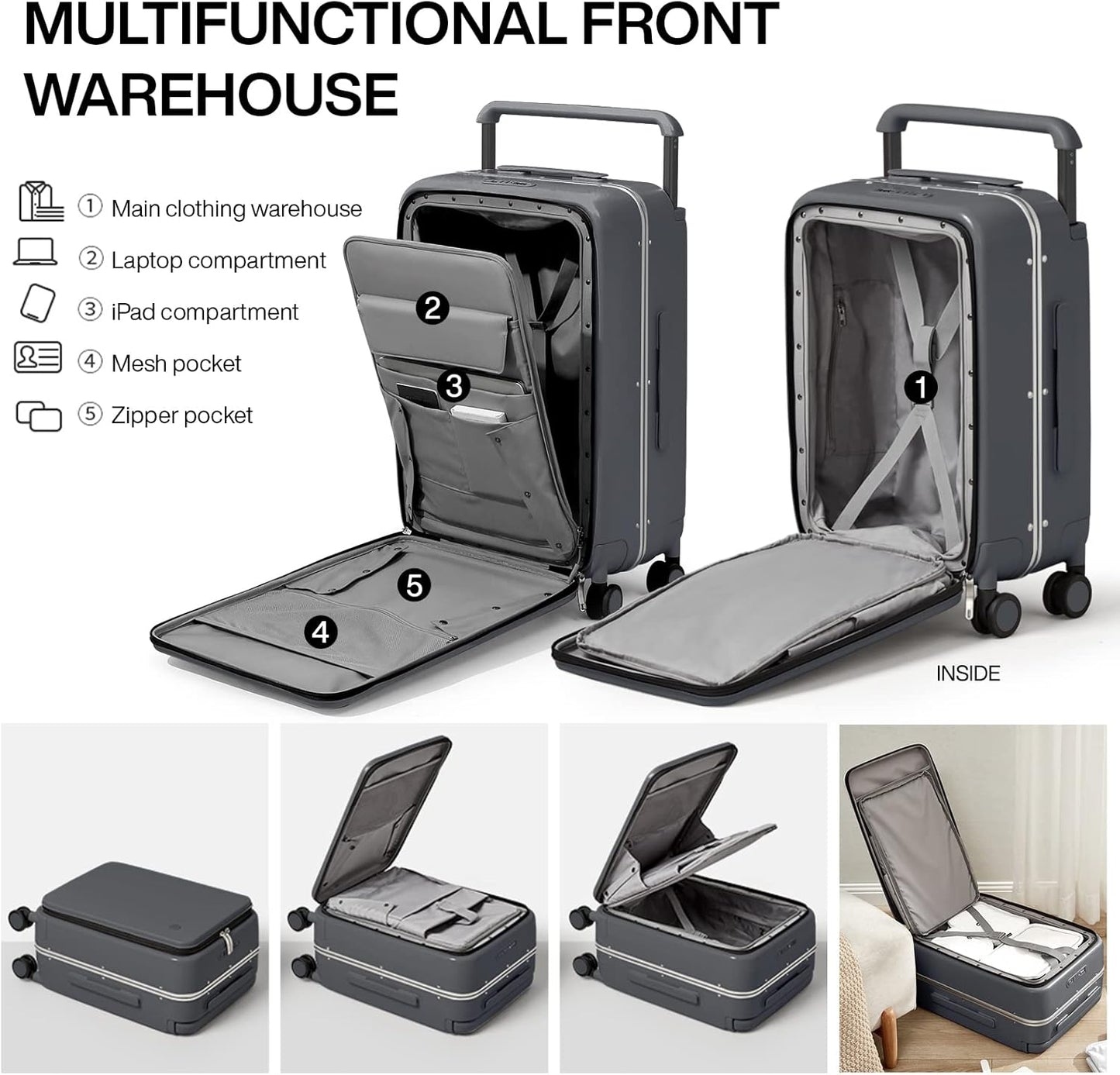 mixi Luggage Suitcases with Spinner Wheels 24'' Travel Luggage with Front Laptop Pocket, Wide Handle PC Hardshell Suitcase with TSA Lock, Checked Luggage(Rock Grey)