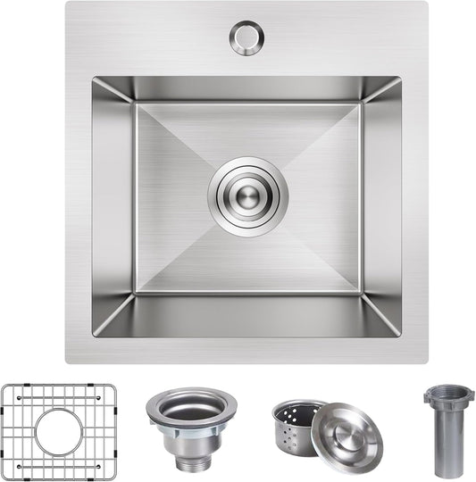 15x15 inch Drop in Bar Sink, 15 inch Small Kitchen Sink Topmount 18 Gauge Single Bowl Stainless Steel Bar Sink with Basket Strainer Drain & Bottom Grid