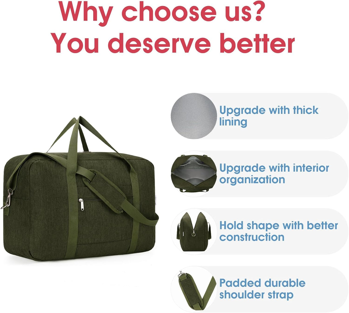 Carry on luaggage 22x14x9 Airlines Approved Foldable Carry on Bag Travel Duffel Packable Duffle Overnight for Women and Men 40L (Army Green)