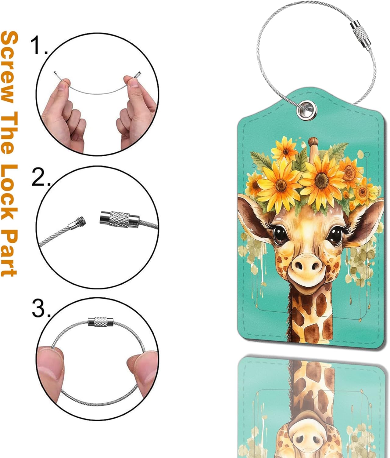 2 Pack Luggage Tag for Suitcase, Cute Unique Leather Bag Tags Identifiers Privacy Cover ID Label with Durable Steel Loop for Women Men Kids Girls Travel，GiraffeJ