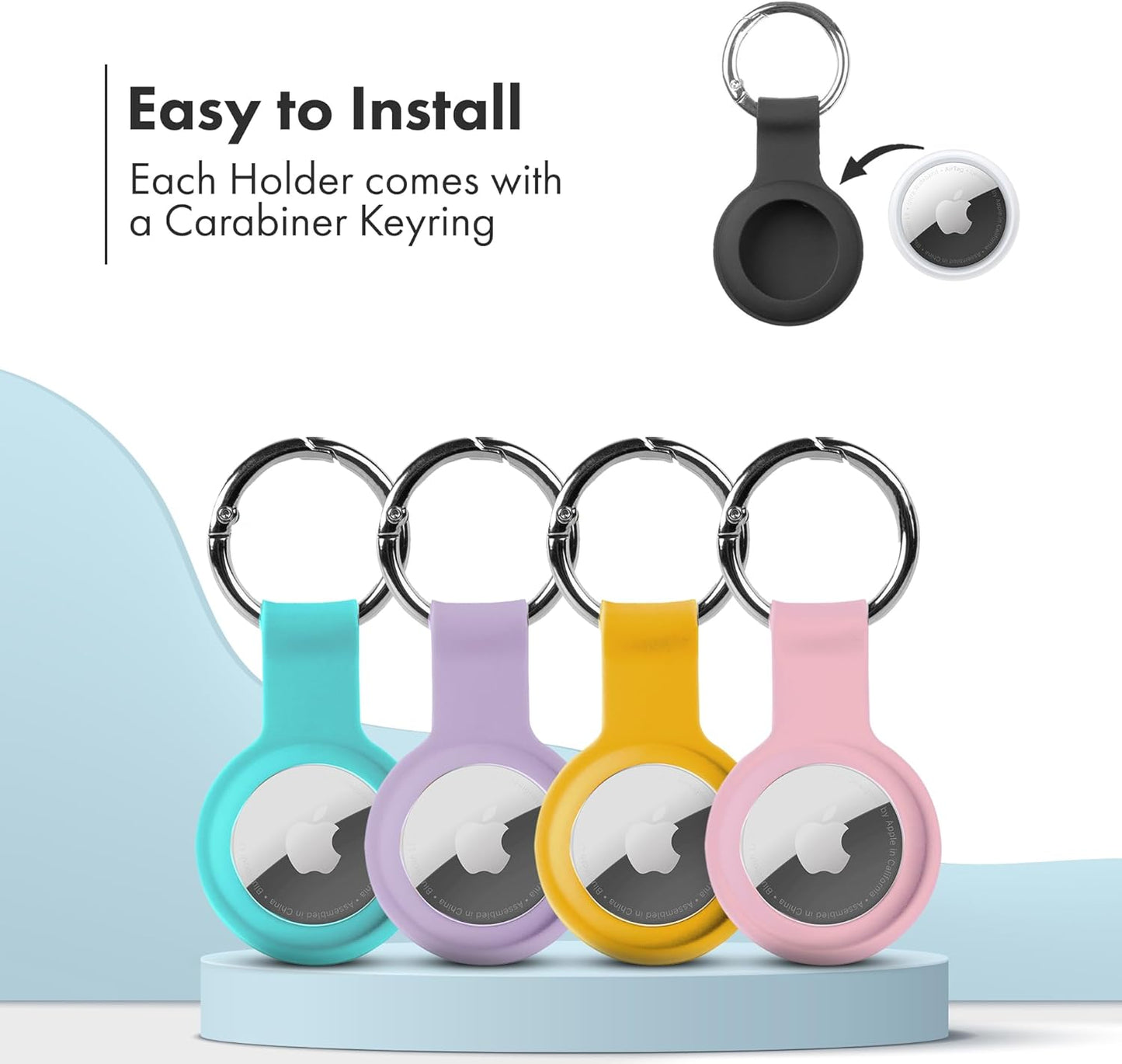 Apple AirTag Holders 4 Pack, Dustproof & Washable Cases, Silicon Covers with Accessories for Wallets, Luggage, Pet Collars, Key Finders (Teal - Purple - Yellow - Pink)