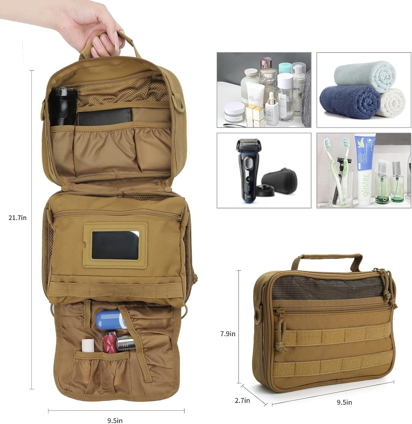 SUNRISING Toiletry Bag for Men Hanging Travel Toiletries Organizer Dopp Kit Toiletry Bags Shaving Hygiene Bag, Durable Bathroom Essentials Men's Toiletry Bag for Short Trips & Camping - Khaki