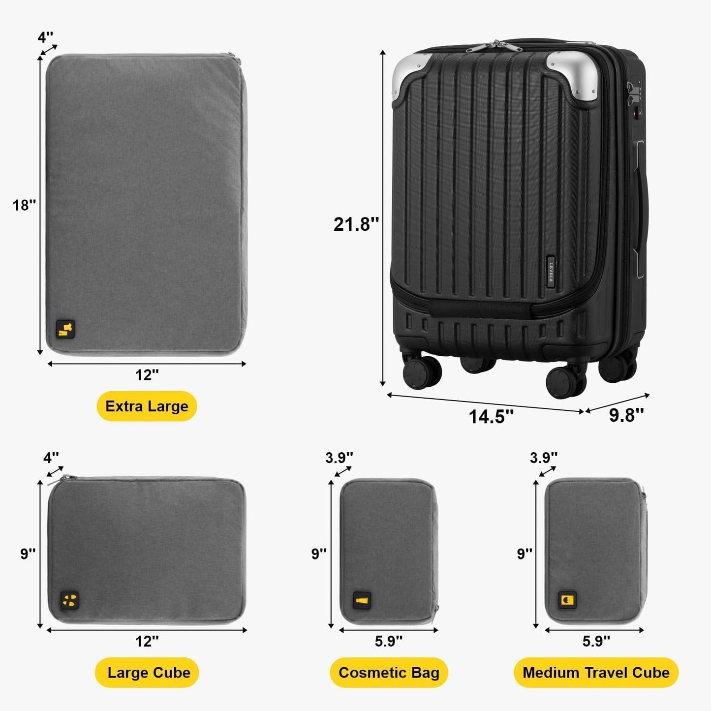 LEVEL8 Grace Carry On Luggage Airline Approved, 20 Inch Expandable Hardside Carry On Suitcase With Wheels, Abs+Pc Small Luggage with Tsa Lock, Black, 20-Inch