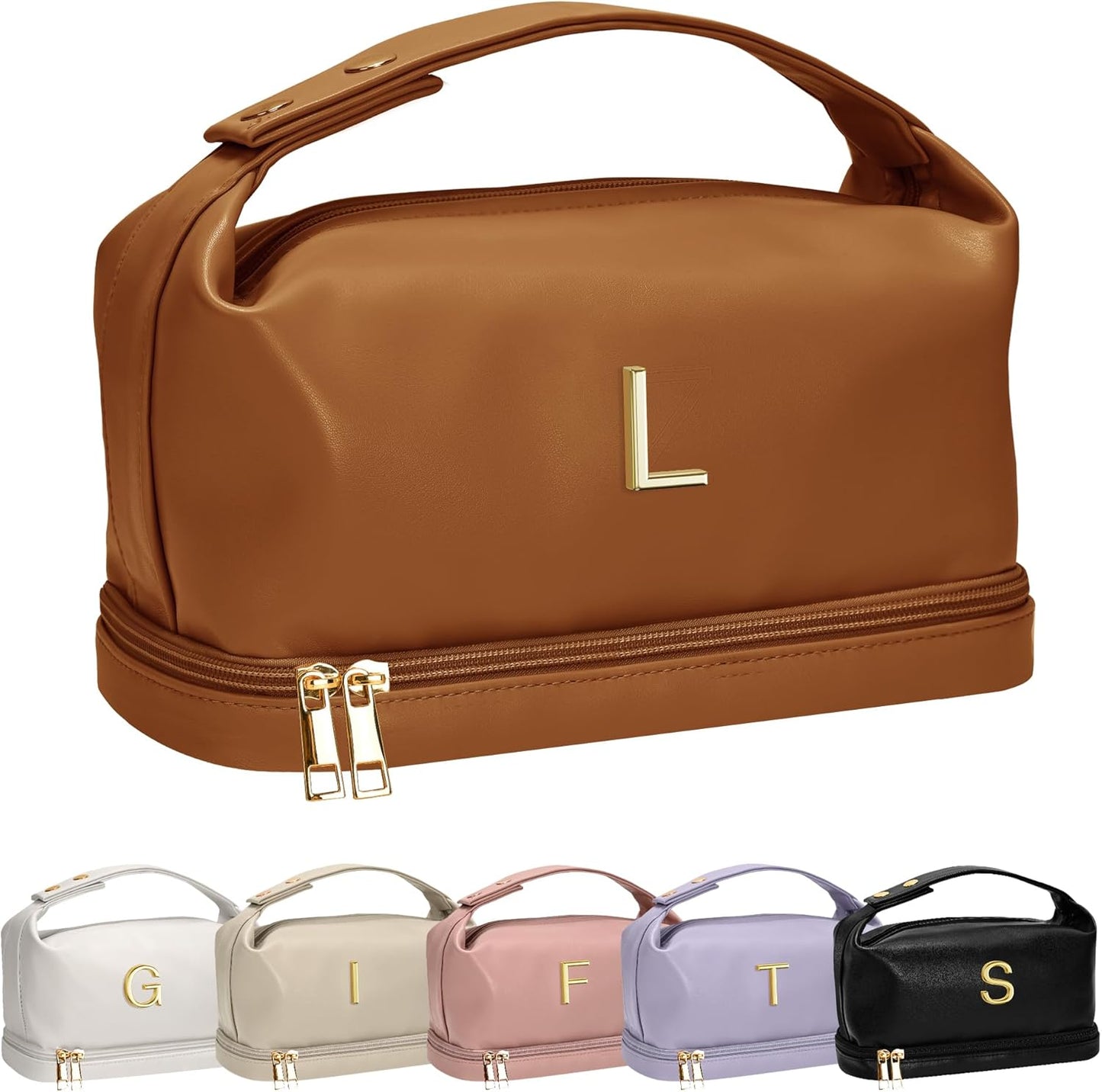 Personalized Gifts for Women Unique, Makeup Bag with Handle, Initial Double Layer Cosmetic Bag with Makeup Brush Organizer, Cute Cosmetic Pouch for Women, Gifts for Friends Female Mom