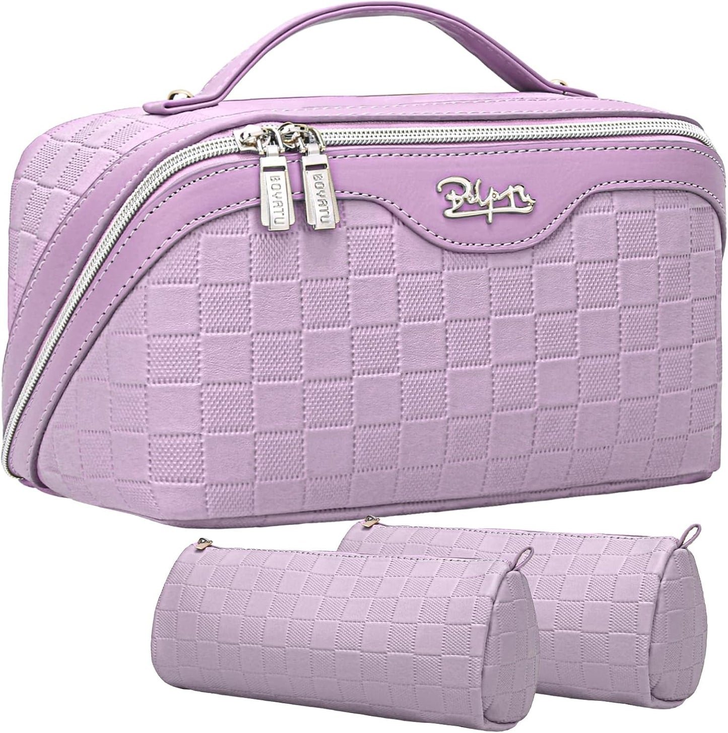 Travel Makeup Bag Organizer Cosmetic Bag: 3 Pcs Set Make up Bags for Women with Handle - Waterproof Vegan Leather Toiletry Bags with Comparments (C-01-Purple)