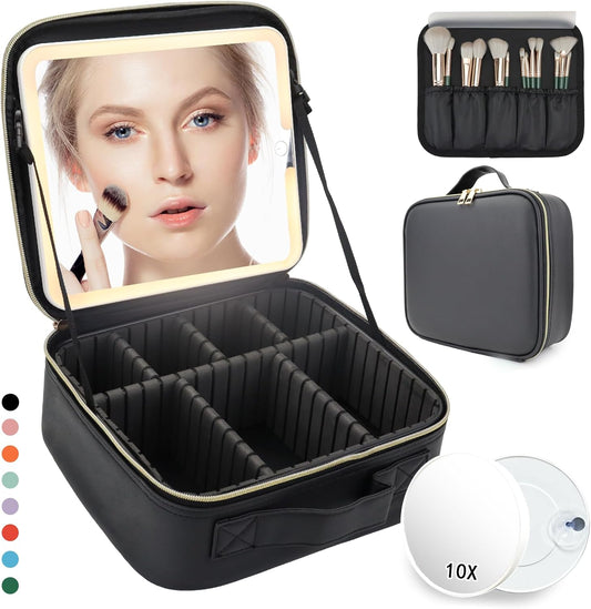Travel Makeup Bag for Makeup Artists Large Makeup Case,with Mirror 3 Color Setting and Detachable 10x Magnifying Mirror Travel Makeup Bag,Portable Storage and Adjustable Dividers（black）