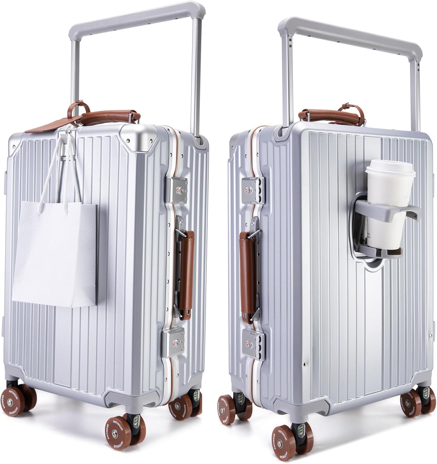 feilario 24in Aluminum Frame Wide Handle Hard Shell Carry On Suitcase - Vivid Colors Double Spinner Wheels Airline Approved Rolling Luggage with TSA Lock & Cup Holder (Silver, 24in)