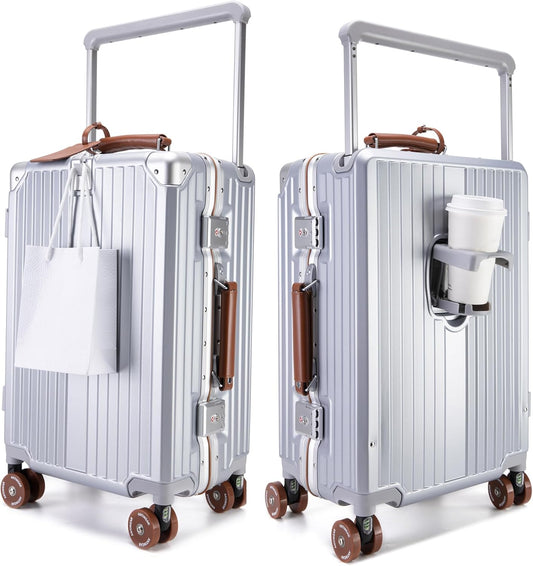feilario 24in Aluminum Frame Wide Handle Hard Shell Carry On Suitcase - Vivid Colors Double Spinner Wheels Airline Approved Rolling Luggage with TSA Lock & Cup Holder (Silver, 24in)