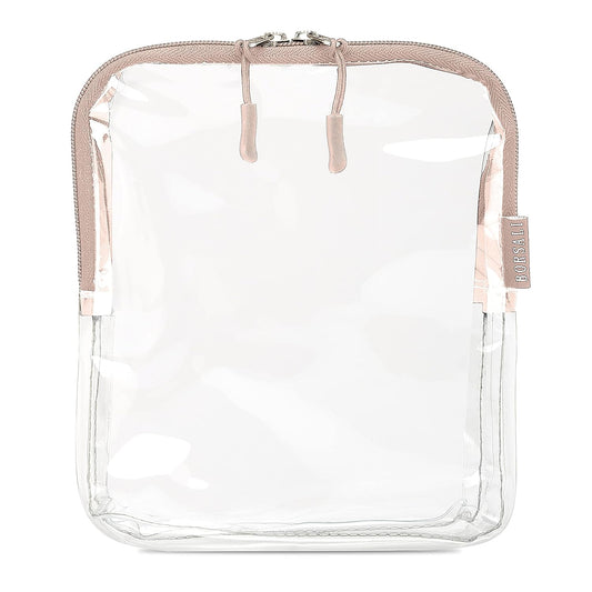BORSALI TSA Approved Toiletry Bag - Clear Quart Size for 3-1-1 Carry On Travel - Makeup Organizer Cosmetic Pouch with Zipper - Travel Accessories - Taupe