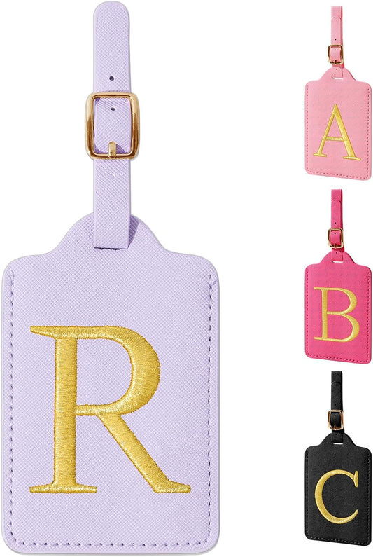 Personalized Initial Luggage Tags for Suitcase, Purple Leather Cute Luggage Tags with Privacy Cover Name Card, Embroidered Custom Monogrammed Luggage Tag Travel Backpack Tags Gifts for Women Kids(R)