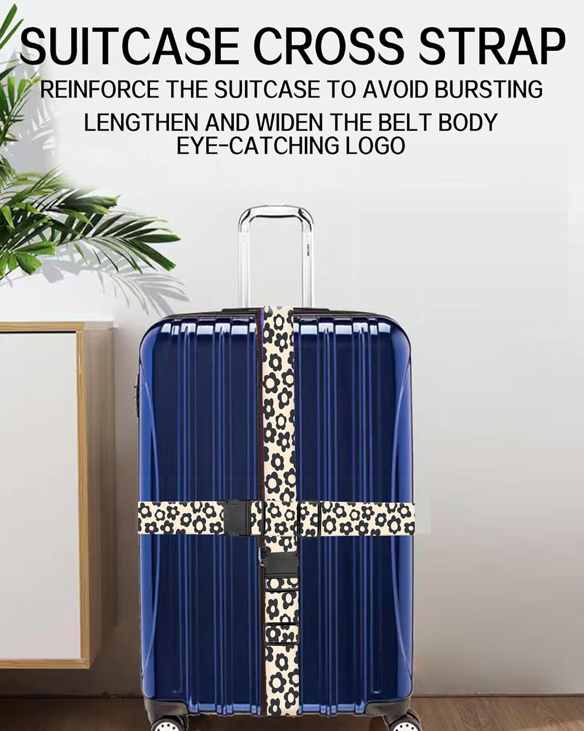 Luggage Straps for Suitcases, Adjustable Travel Belt, Durable Wide Luggage Strap, Cute Suitcase Strap Identifiers with Buckle, Bag Straps for Luggage, Cute Black Daisy