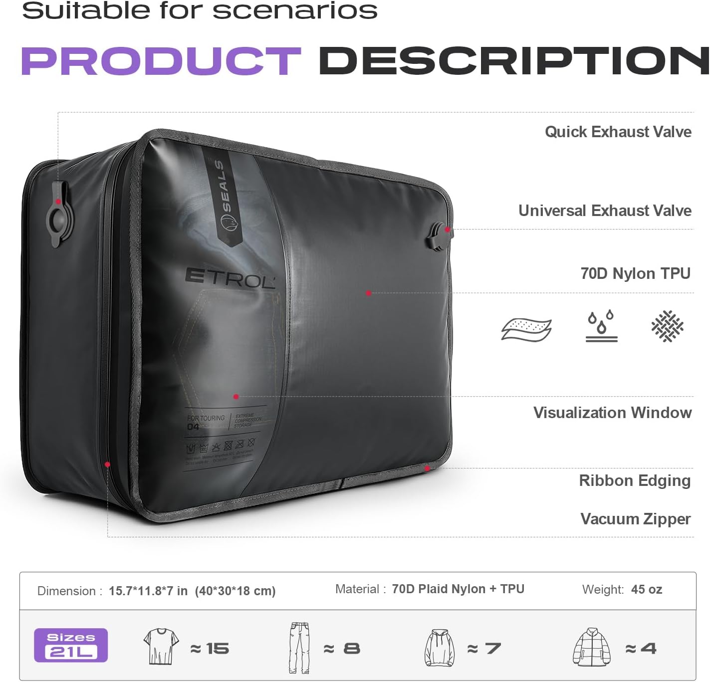 TPU Vacuum Bag for Travel, 70D Nylon Reusable Compression Bag with IP67 Waterproof Zipper, Compression Packing Cubes for Clothing, Space Saver Bags for Luggage and Backpack (Full Open, Grey,2Pcs)