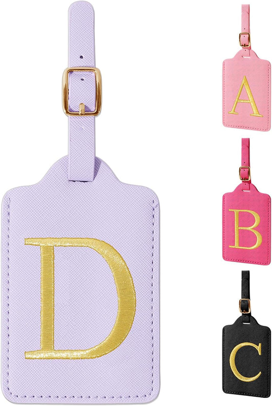 Personalized Initial Luggage Tags for Suitcase, Purple Leather Cute Luggage Tags with Privacy Cover Name Card, Embroidered Custom Monogrammed Luggage Tag Travel Backpack Tags Gifts for Women Kids(D)