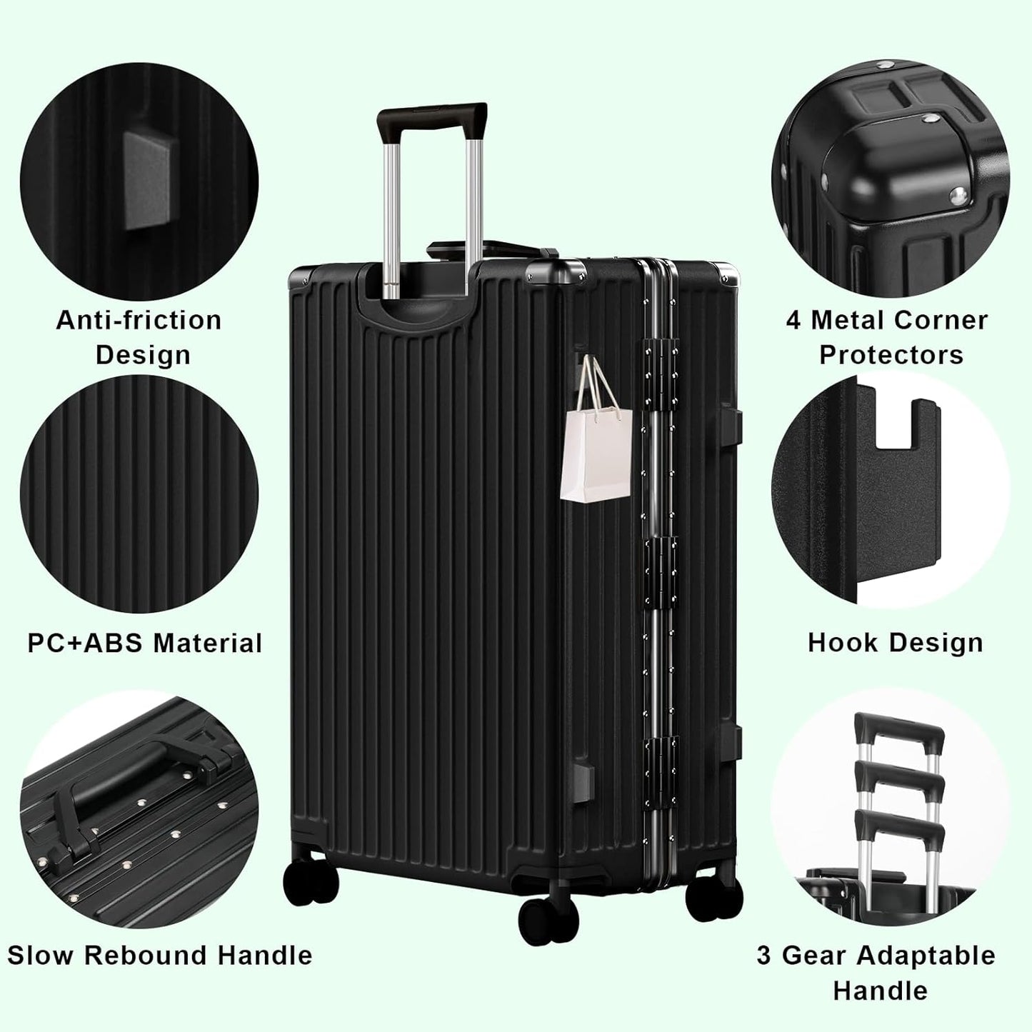 AnyZip Luggage PC+ABS Aluminum Frame Zipperless Checked Luggage Hard Shell Suitcase with TSA Lock Double Spinner Wheels 24 Inch Black