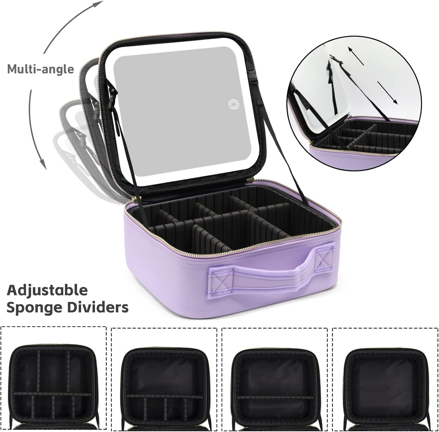 Travel Makeup Bag with Lighted Mirror, Makeup Organizer Bag with 3 Color Modes Adjustable Brightness, Makeup Bag with Mirror and Lights Portable Cosmetic Bag Tools Accessories Gift (Purple)