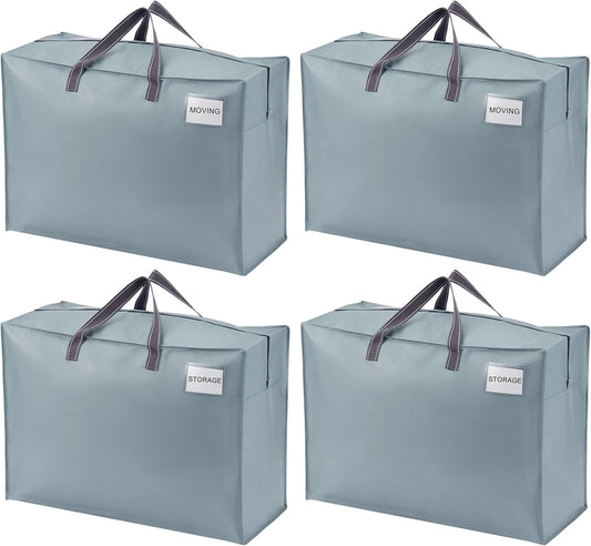 VENO 4 Pack Heavy Duty Moving Bags, Storage Bags, Packing Supplies, Top Zipper, Storage Totes for Camping, Clothes, Bedding, Comforters, Pillows (27 Gallon Light Blue, 4 Pack)