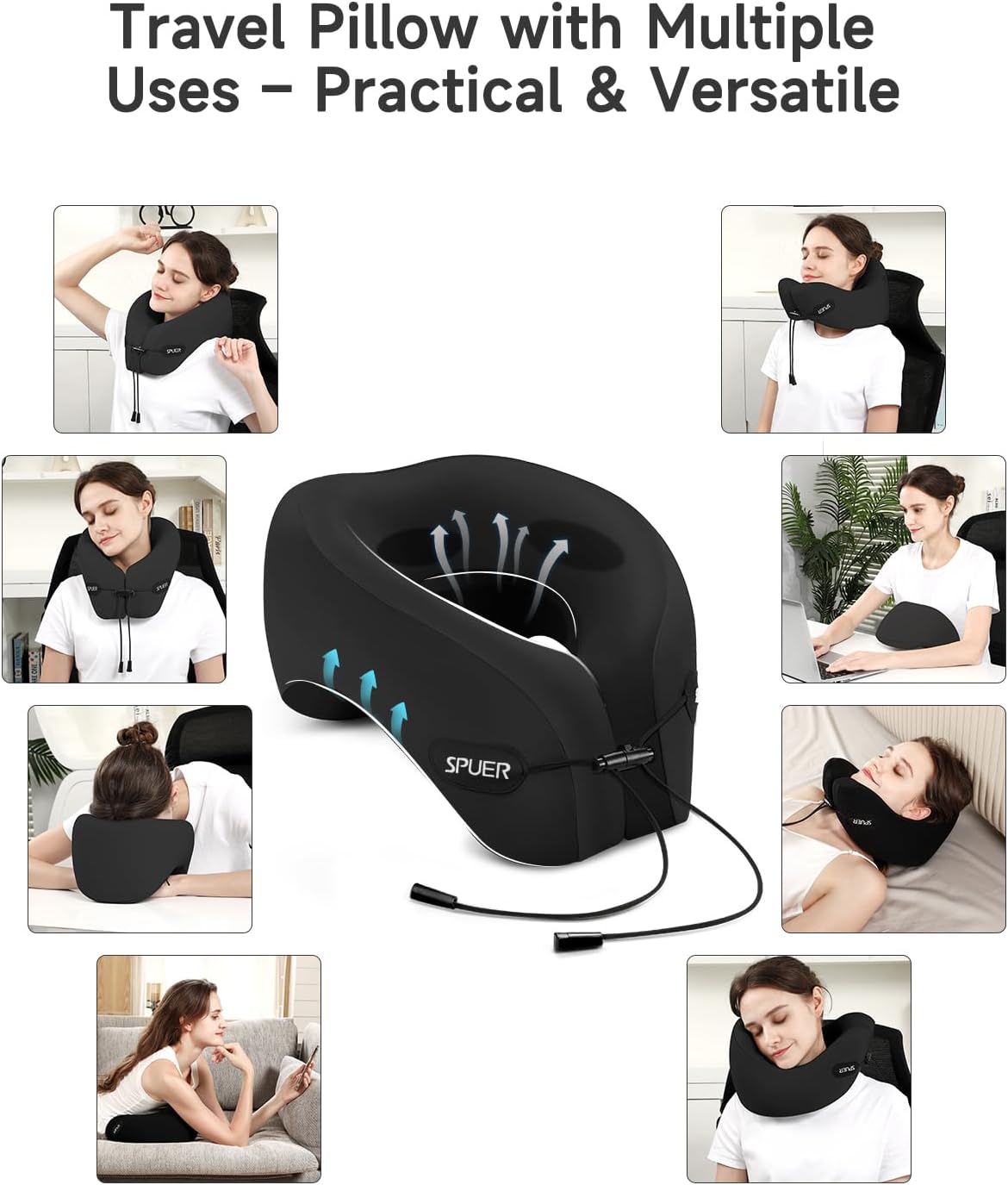 Travel Pillow – Neck Pillow Airplane, Travel Pillows for Airplanes, Airplane Travel Accessories with Eye Mask, Earplugs, Ergonomic Memory Foam Neck Pillow for Sleeping, Flights, Cars, Office (Black)