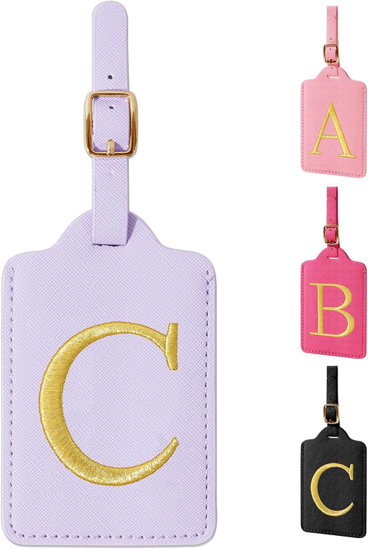Personalized Initial Luggage Tags for Suitcase, Purple Leather Cute Luggage Tags with Privacy Cover Name Card, Embroidered Custom Monogrammed Luggage Tag Travel Backpack Tags Gifts for Women Kids(C)