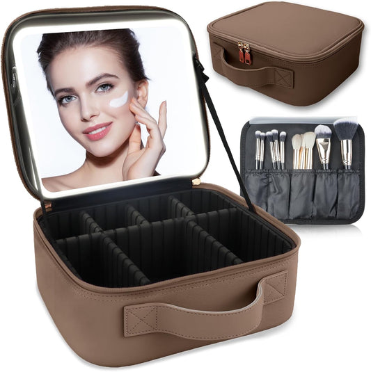 Makeup Bag with Led Mirror,Travel Makeup Organizer with 3 Color Setting, Portable Storage and Adjustable Dividers Travel Makeup Bag(Mocha)
