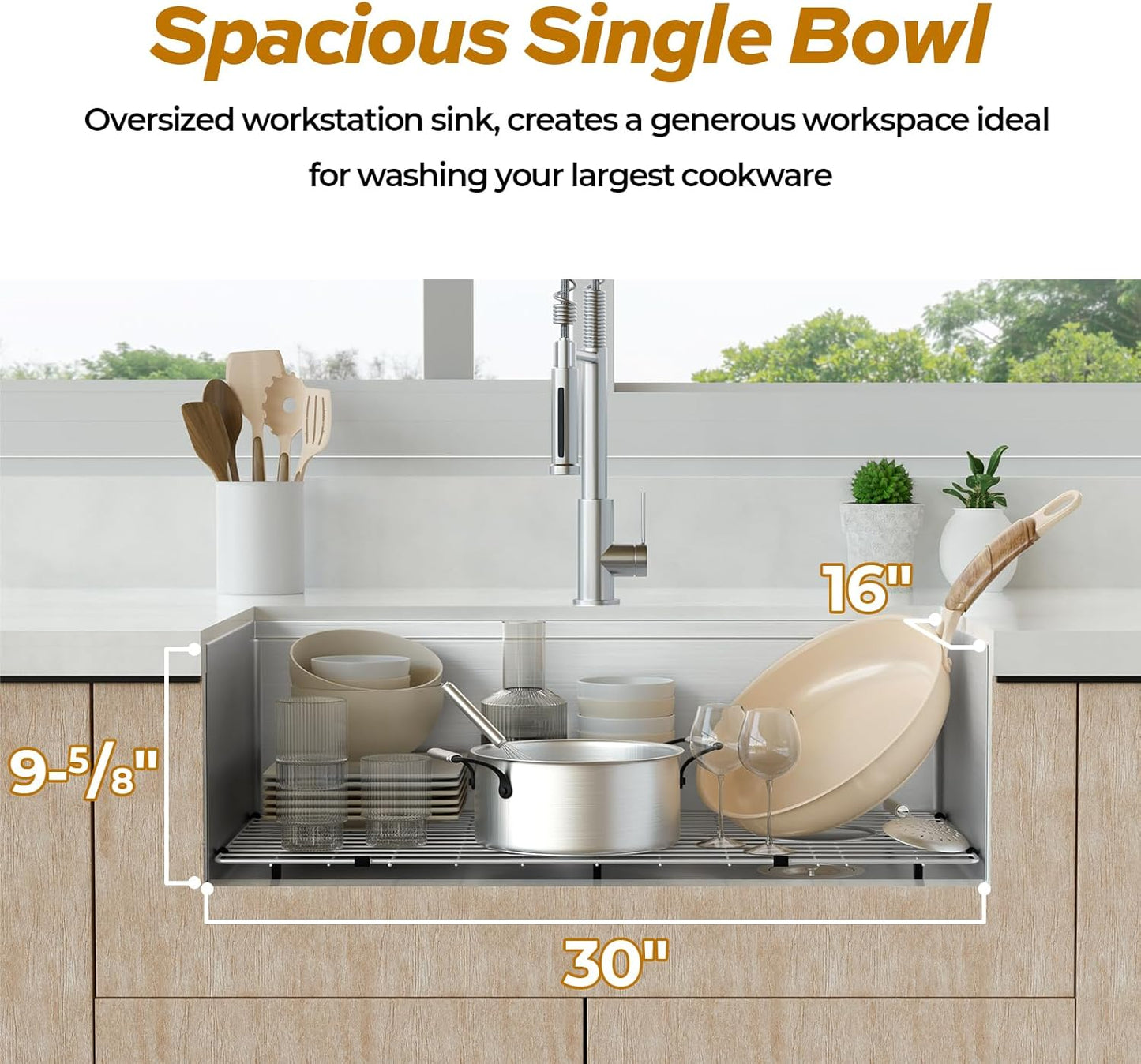 32 Inch Workstation Kitchen Sink, TECASA Undermount Deep Single Bowl, Stainless Steel with Integrated Ledge and Accessories, World-Class Manufacturing Standard (32" x 18" x 10")