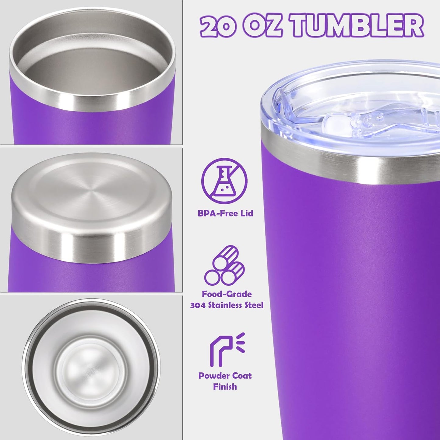 20oz Tumbler Stainless Steel Tumbler Cup with Lid Vacuum Insulated Double Wall Travel Mug, Durable Powder Coated Travel Coffee Tumbler Mug for Hot & Cold Drinks, Purple,4 Pack