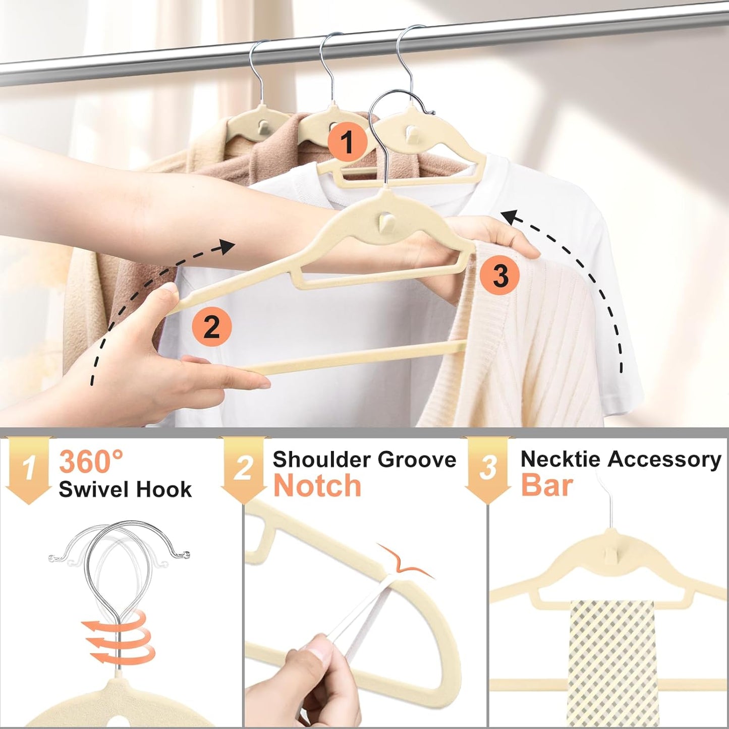 Velvet Felt Stackable Hangers 50 Pack, Non Slip, with 360° Swivel Hook, Ultra Thin and Space Saving for Suits, Shirts, Coats, 15Lbs Capacity Heavy Duty, Ivory