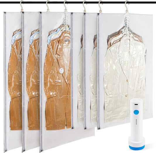 Hanging Vacuum Storage Bags with Electric Pump – 6 Pack (3 Long, 3 Short) Hanging Vacuum Seal Bags for Clothing, Space-Saving Compression Bags for Suits, Jackets, Travel Wear & Coats