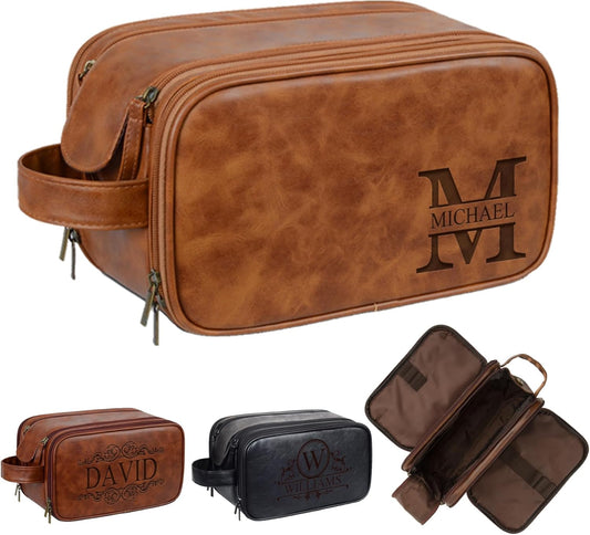 Personalized Leather Toiletry Bag for Men - Double Layer Reinforced Handle,Large Water Resistant Shaving Dopp Kit,Travel Essential,Wedding Groomsmen Gift