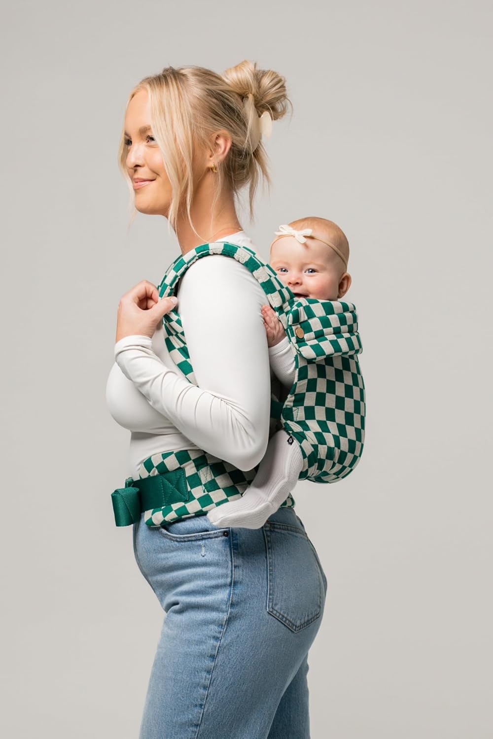 Mabē Monarch Ergonomic Baby Carrier – Premium Cotton Soft Structured Newborn to Toddler Carrier with Hip-Healthy Design, 3 Carry Positions (7-35lbs), Lightweight & Breathable (Evergreen Check)