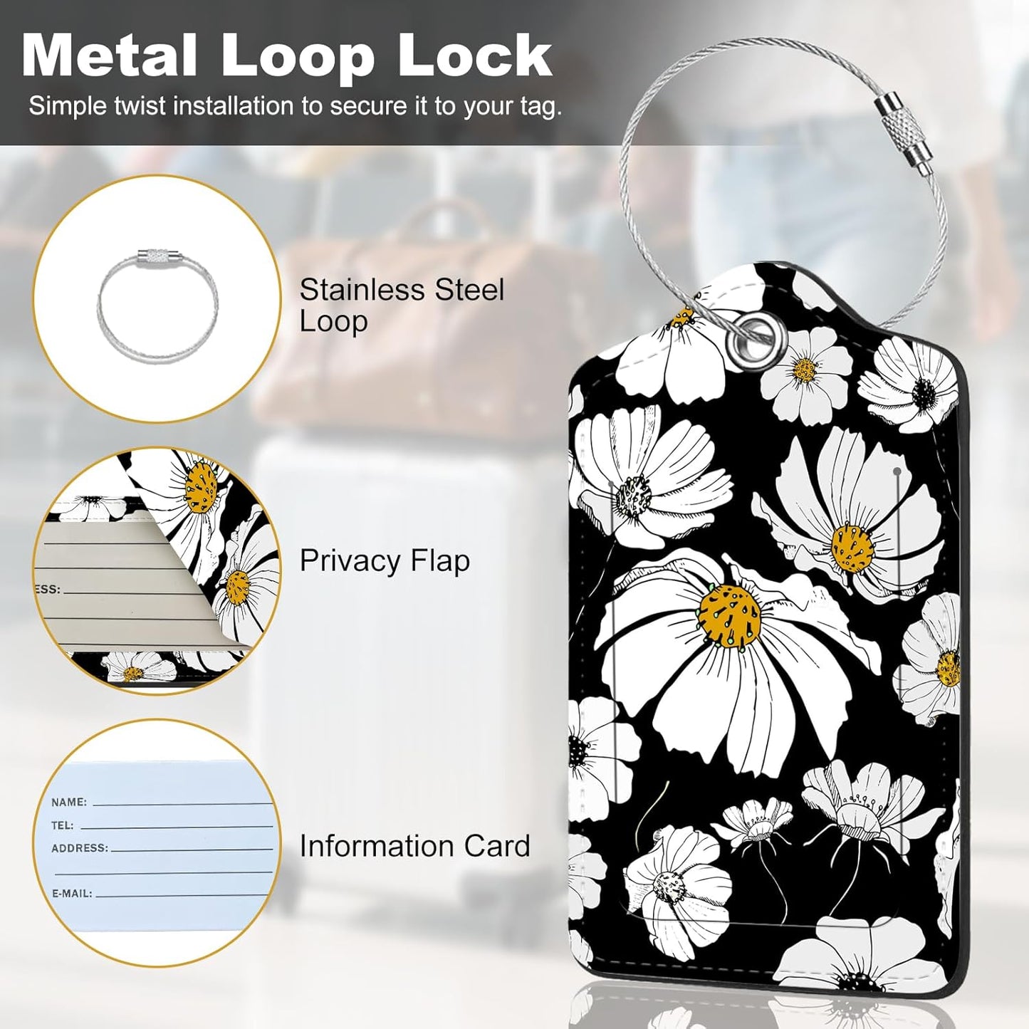 2Pack Luggage Tags for Suitcases, Cute Unique Pu Leather Cruise Luggage Tag with Privacy Cover ID Label Address Card and Metal Ring Suitable for Women Men Kids Travel Bag White Flowers